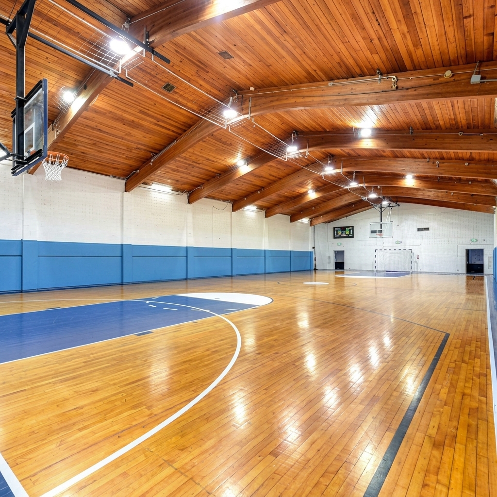ZONE18 Indoor Arena Basketball and Futsal Court with warm wooden ceiling and blue padding
